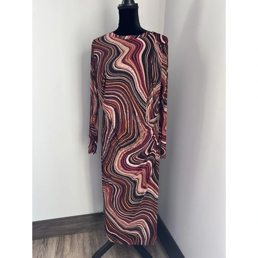 Nine West 2X Sheer Sleeves Overlay Ripple Midi Dress Ruched‎ Waist Pink Black
